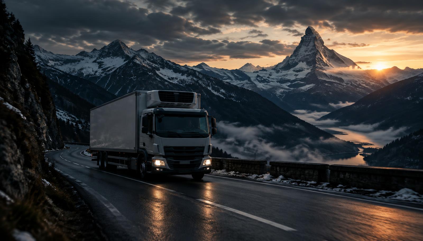 Camion frigorifique sur une route alpine